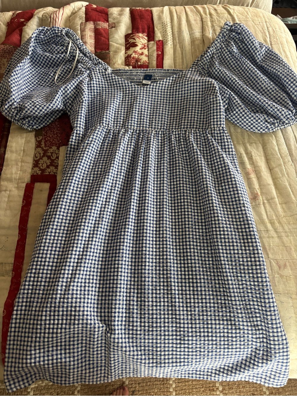 Old Navy Blue Gingham Off-Shoulder Puff Sleeve Dress